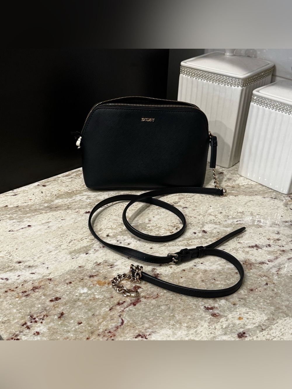 DKNY Black Saffiano Leather Crossbody with Gold Hardware